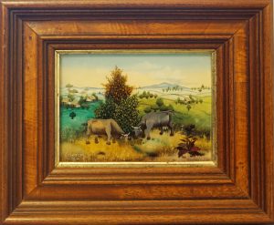 Dragutin Kovačić / Kravi na paši, olje na steklo, miniatura