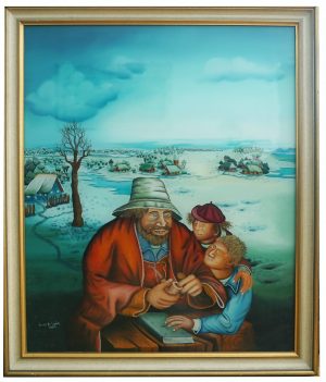 Emir A. Oman / Dedek z vnukoma, ob prebiranju Svetega pisma, slika na steklo